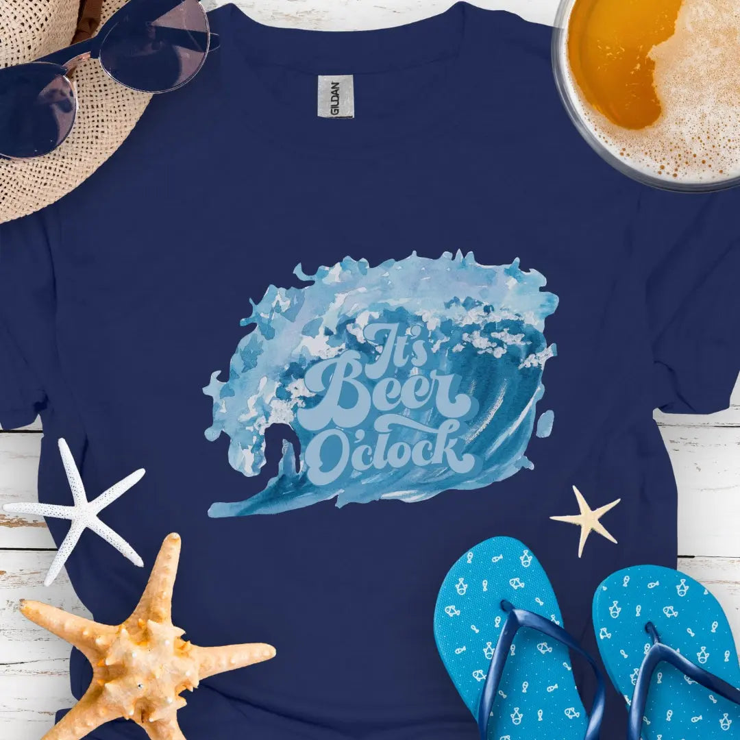 Navy T-shirt with retro text reading “It’s Beer 0’Clock” above an ocean wave graphic.