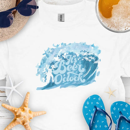 White T-shirt with retro text reading “It’s Beer 0’Clock” above an ocean wave graphic.