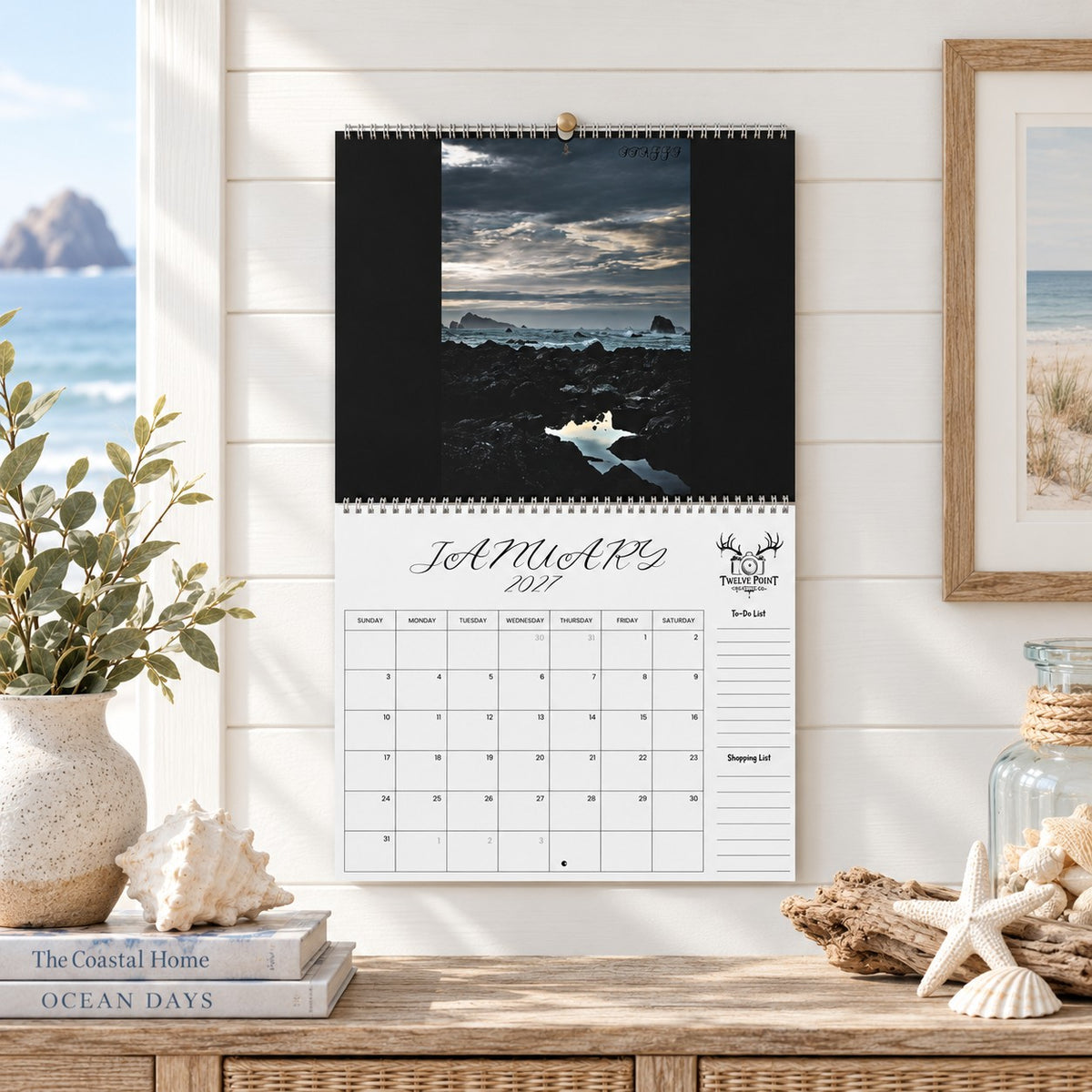 2027 Crescent City wall calendar monthly planning grid with to-do list and shopping list featuring January's photo.