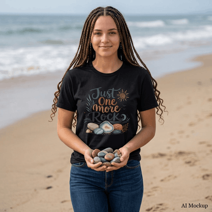 Woman wearing a black "Just One More Rock" graphic t-shirt featuring colorful beach stones and agates while holding smooth rocks on a sandy beach.