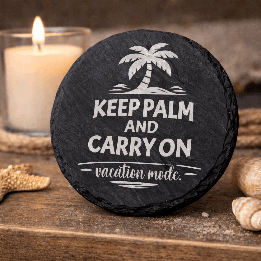 Round black slate coaster engraved “Keep Palm and Carry On vacation mode” with palm tree icon.