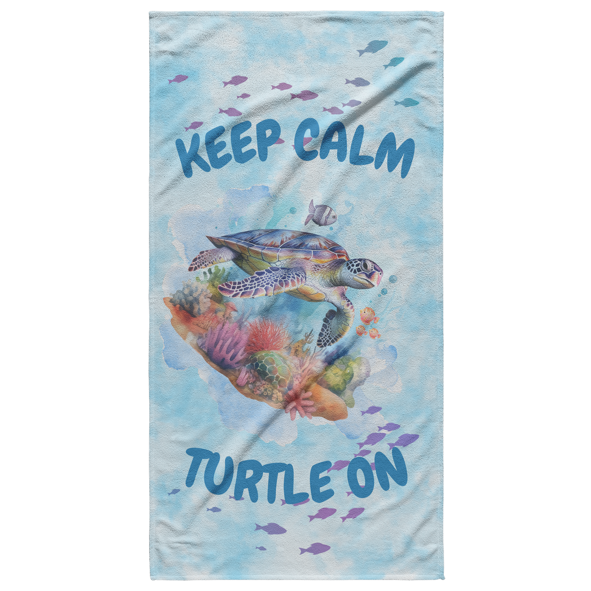 Light blue tie-dye beach towel with sea turtle and phrase “Stay Calm Turtle On”.