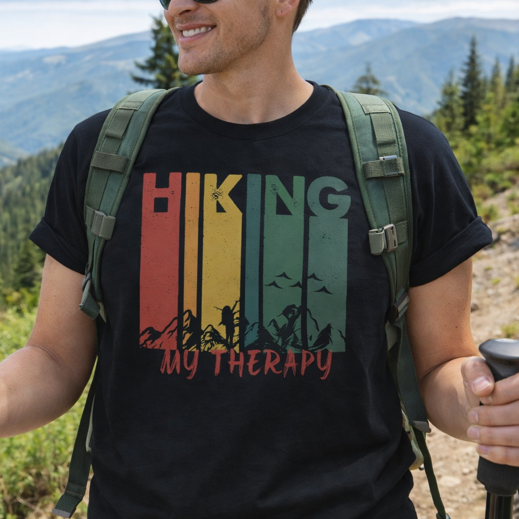 Mean wearing black t-shirt with retro rainbow line text Hiking My Therapy unisex t-shirt for outdoor lovers.