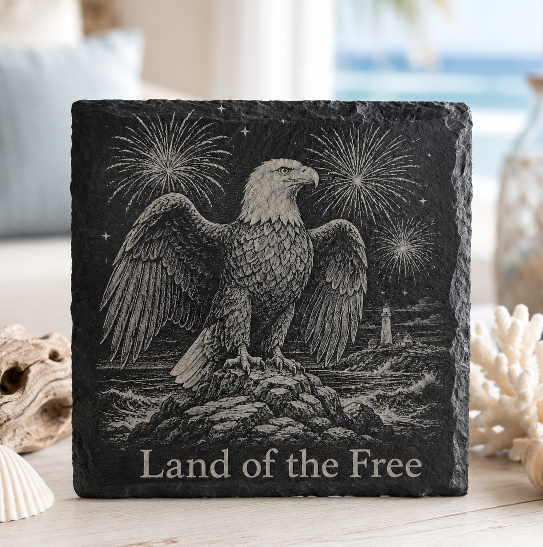 Laser engraved natural slate coaster featuring a bald eagle, fireworks, lighthouse, and "Land of the Free" with protective padded feet.