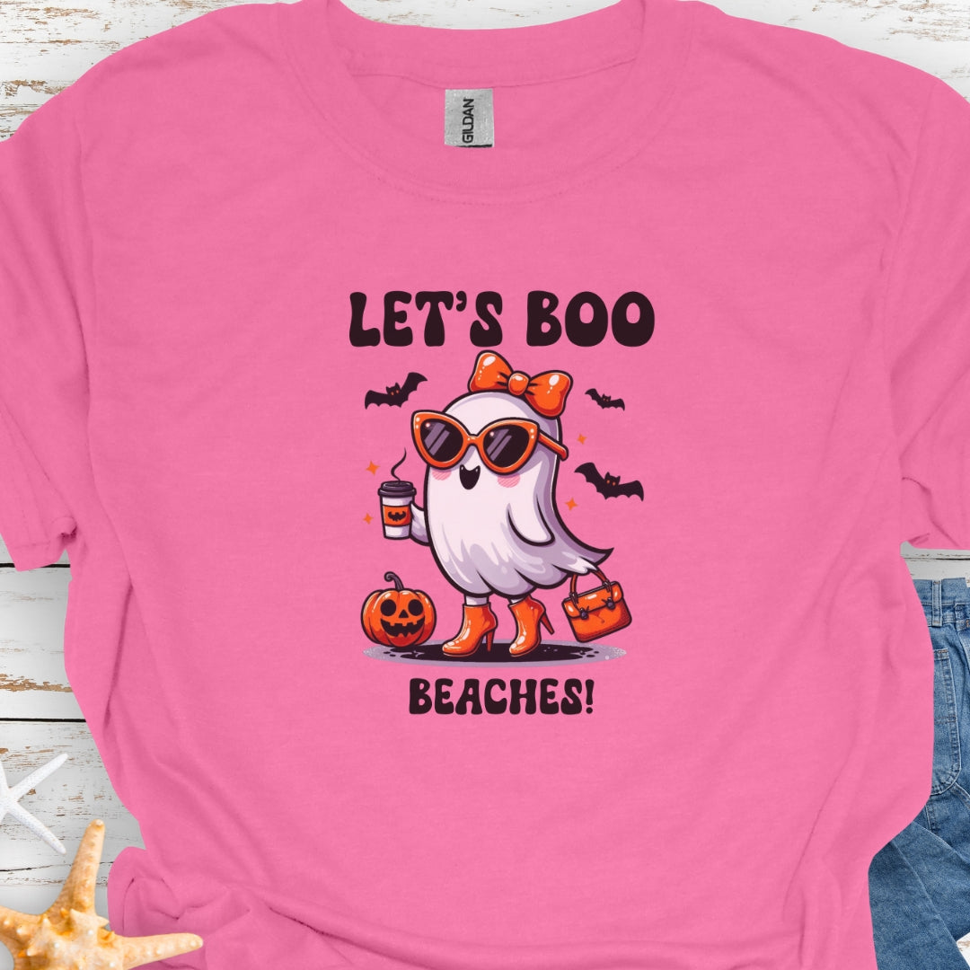 Azalea  t-shirt with a girl ghost wearing sunglasses, high heels and an orange bow in hair holding a purse and coffee with bats flying around with text Let's Boo Beaches' 