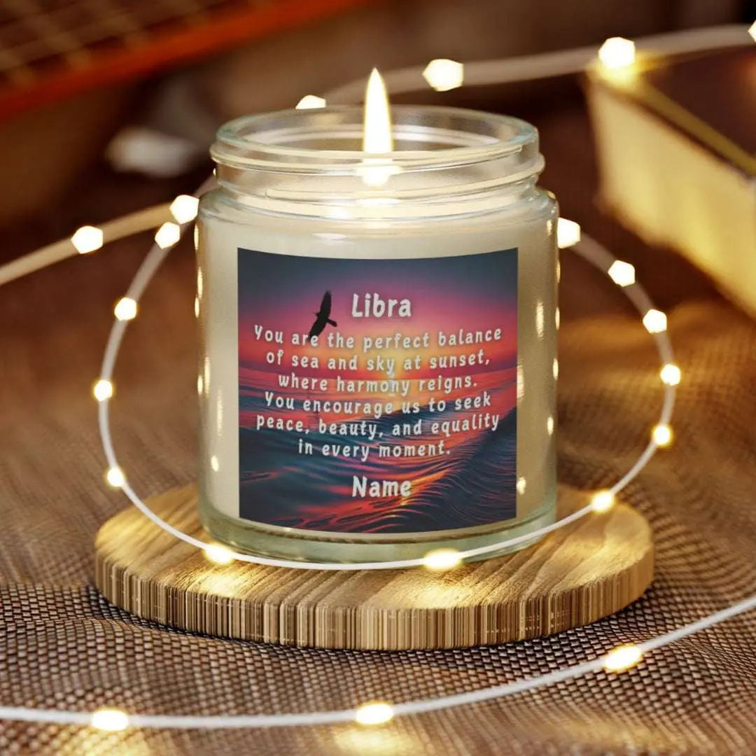 Elegant LIbra Zodiac hand-poured coconut apricot wax scented candle in a 4 oz clear glass jar, featuring a picture of the ocean at sunset with a bird flying and an inspirational quote personalized. A beach-inspired astrology gift, perfect for relaxation and decor.