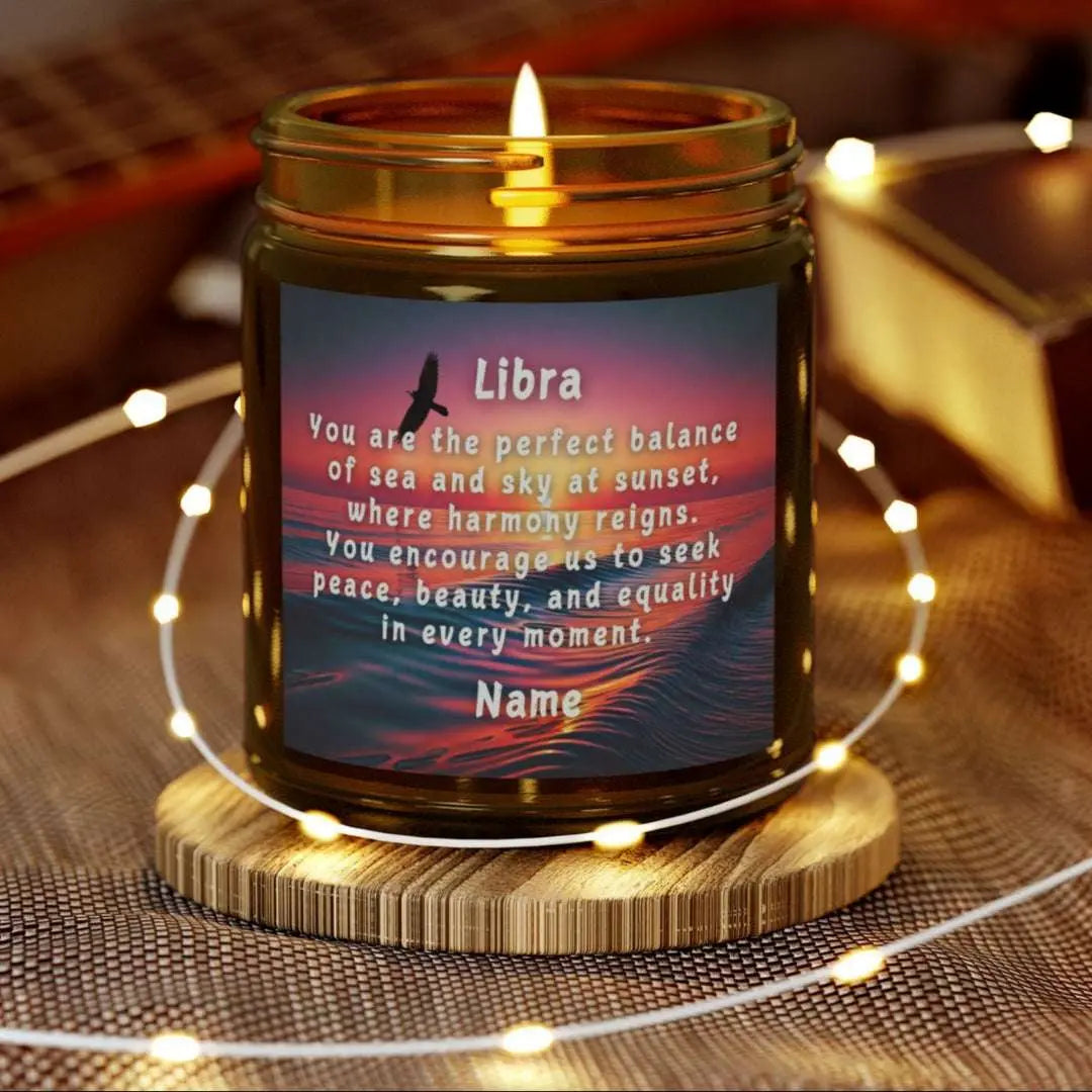 Elegant LIbra Zodiac hand-poured coconut apricot wax scented candle in a 9 oz amber glass jar, featuring a picture of the ocean at sunset with a bird flying and an inspirational quote personalized. A beach-inspired astrology gift, perfect for relaxation and decor.