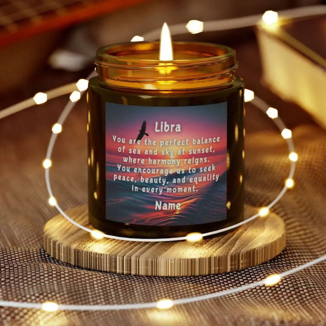 Elegant LIbra Zodiac hand-poured coconut apricot wax scented candle in a 4 oz amber glass jar, featuring a picture of the ocean at sunset with a bird flying and an inspirational quote personalized. A beach-inspired astrology gift, perfect for relaxation and decor.