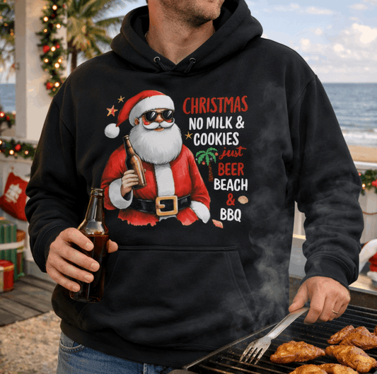 Man wearing a hoodie with a Christmas design with Santa and text Beech, BBQ and Beer.
