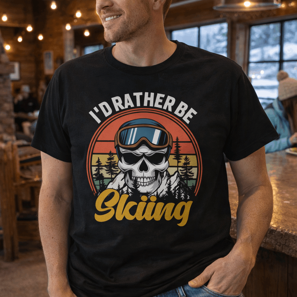 Man wearing a black t-shirt graphic showing a skeleton head wearing ski goggles in front of a retro sunset with mountains and trees, with text that reads “I’d Rather Be Skiing.