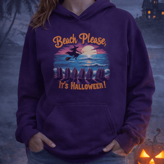 Person wearing a purple hoodie with Halloween-themed Beach Please design in front of a spooky background with a pumpkin.