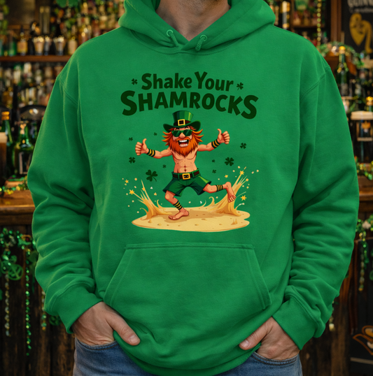 Man wearing a green hoodie with a St. Patrick's Day design of an Irish man dancing with the text Shake Your Shamrock.