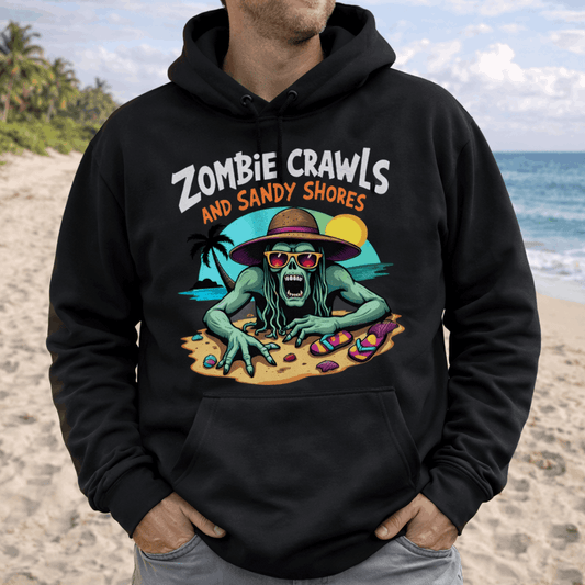 Person wearing a black hoodie with a zombie graphic and text zombie crawls on a beach.