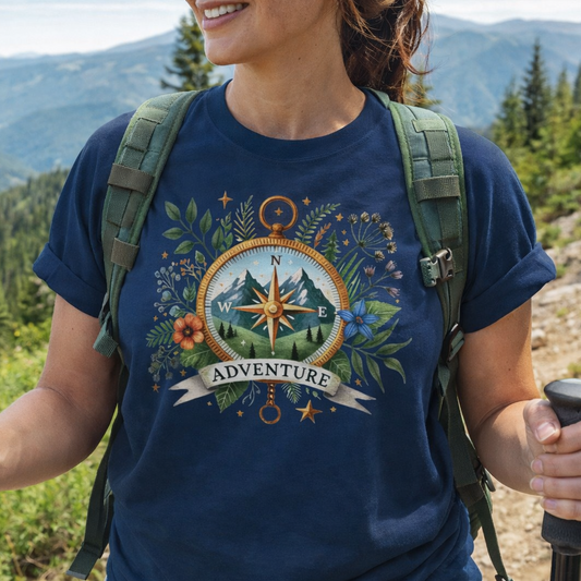 A woman wearing a navy blue t-shirt with a compass design featuring a mountain scene inside, surrounded by wildflowers and a banner that says "Adventure" 