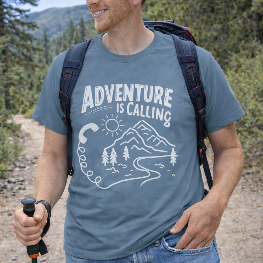 Man hiking in a forest wearing a t-shirt with 'Adventure is Calling' text and graphic.