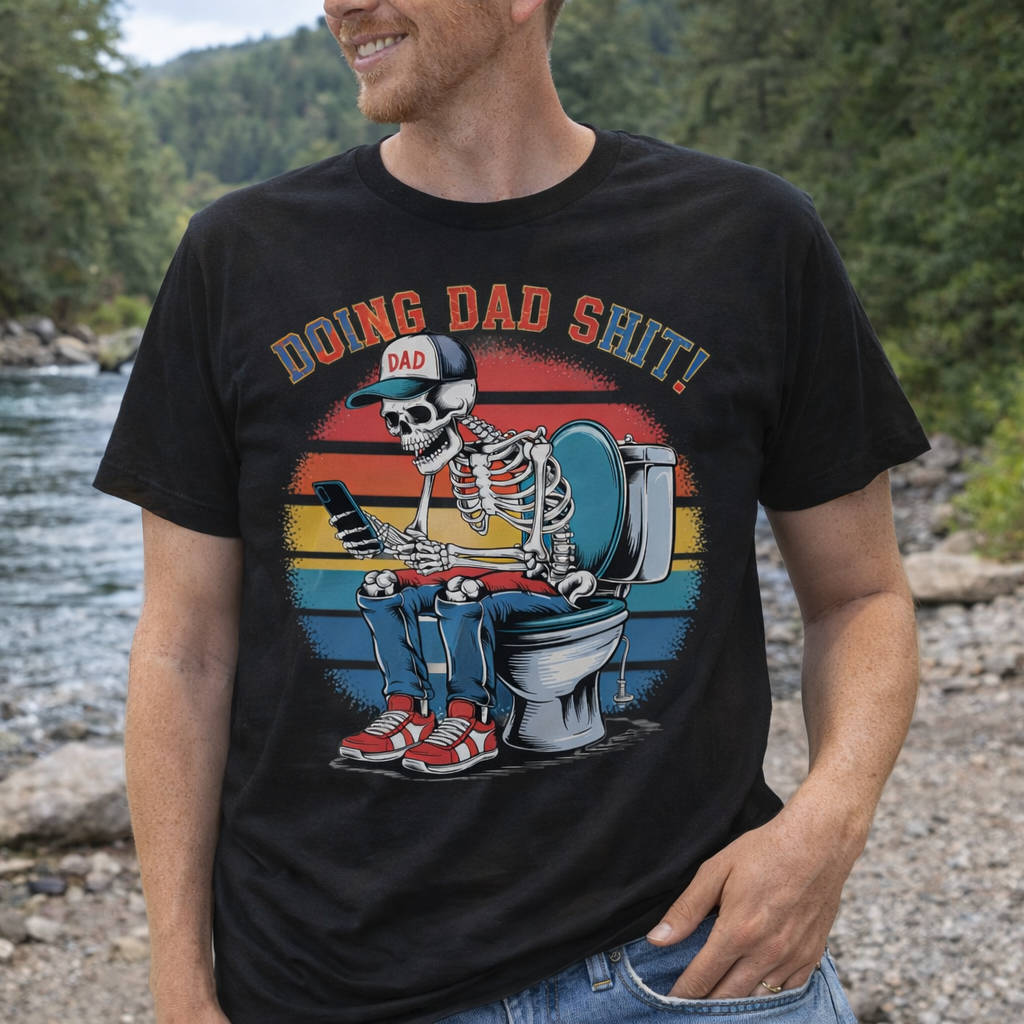 Person wearing a black t-shirt with a graphic design of a skeleton doing dad sh*t, standing by a river.