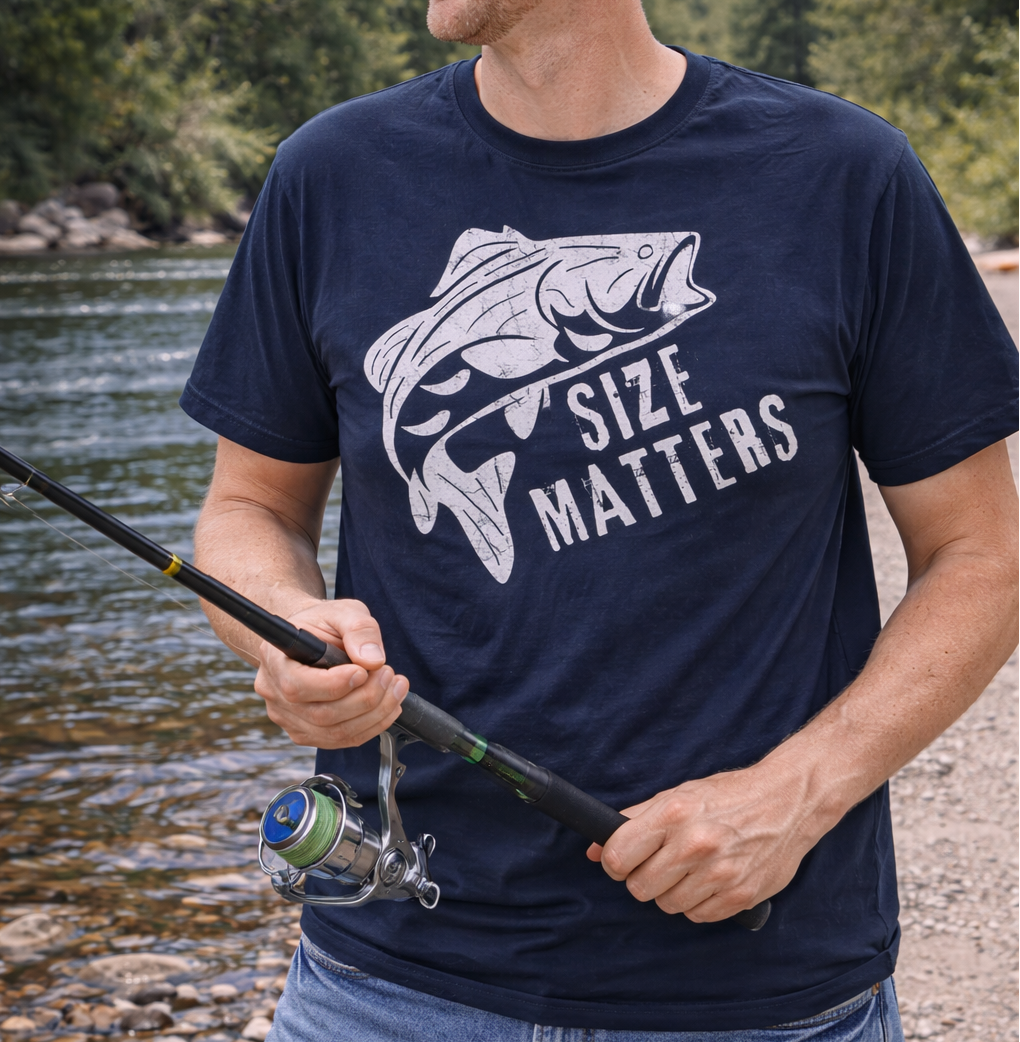 Man holding a fishing rod by a river, wearing a navy t-shirt with a fish graphic and 'SIZE MATTERS' text.