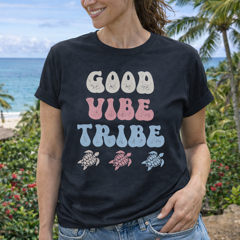 Woman wearing a black t-shirt with 'Good Vibe Tribe' text and sea turtle graphics.