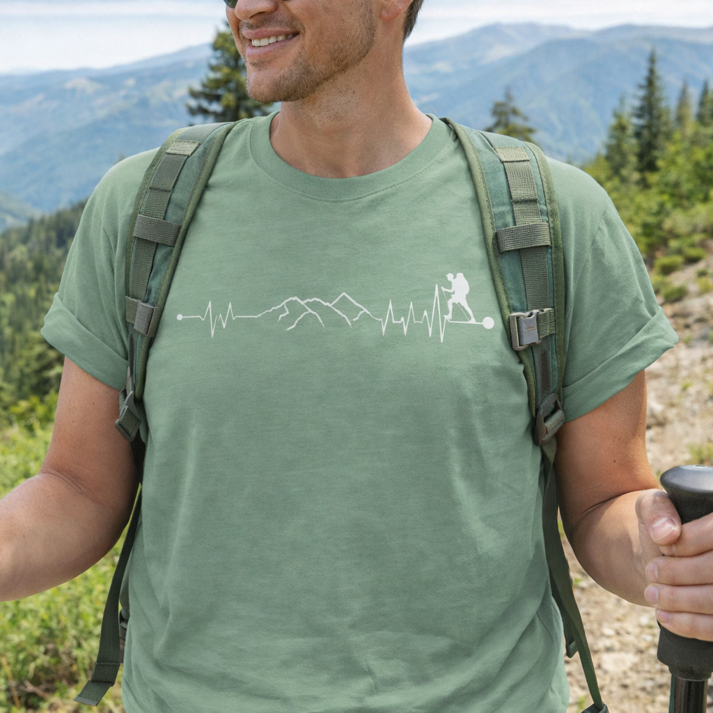 Mean wearing a sage green t-shirt with white hiking heartline graphic design with text Hiked from the Redwoods to the sea.