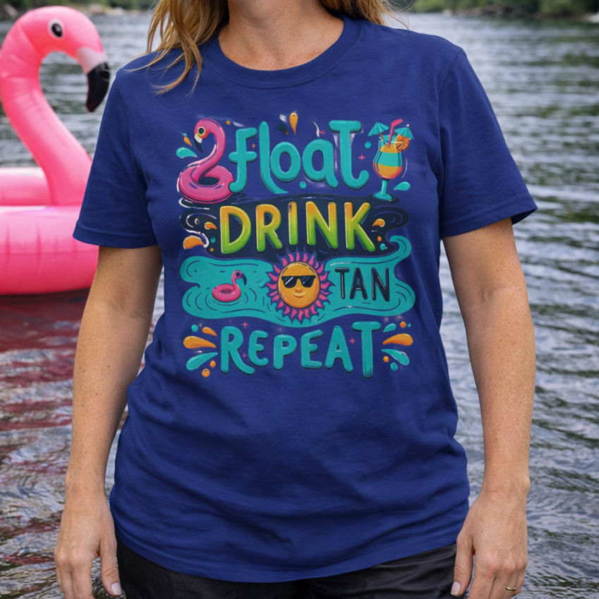 Woman wearing a blue t-shirt with colorful text Float drink Tan Repeat with a pink flamingo floatie, a cocktail and other water graphics.