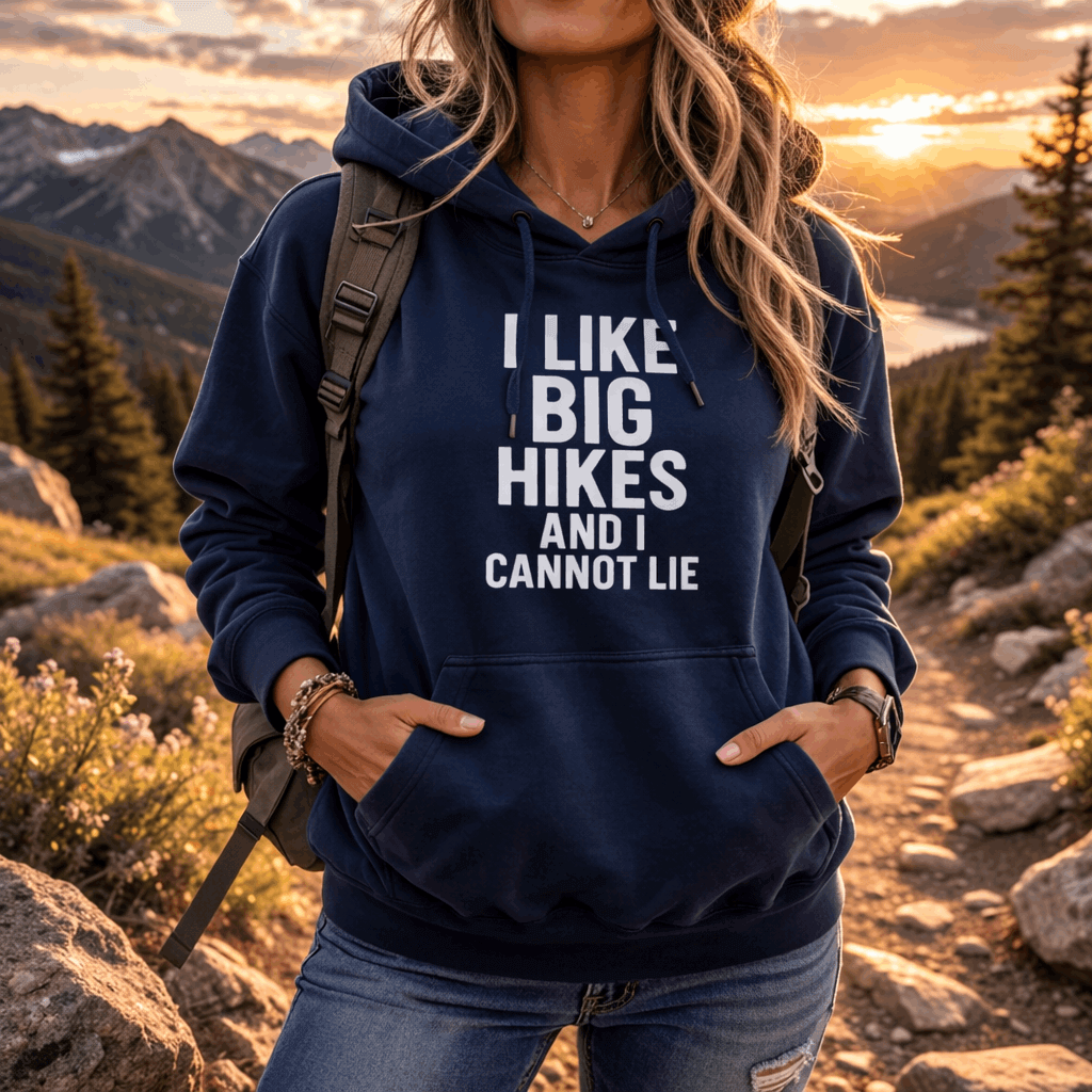 Person wearing a navy hoodie with text "I Like Big Hikes and I Cannot Lie" in a mountainous landscape