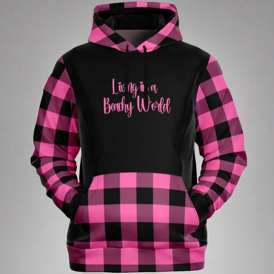 Front of Black hoodie that says Living in a beachy world with hot pink and black gingham sleeves, kangaroo pouch and hood.