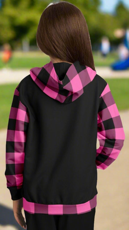 Back of black sweatshirt with hot pink and black gingham sleeves, hood and bottom cuff.