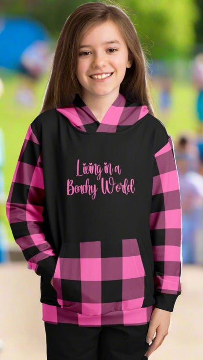 Black hoodie that says Living in a Beachy World in hot pink with hot pink and black gingham sleeves, kangaroo pouch and hood.