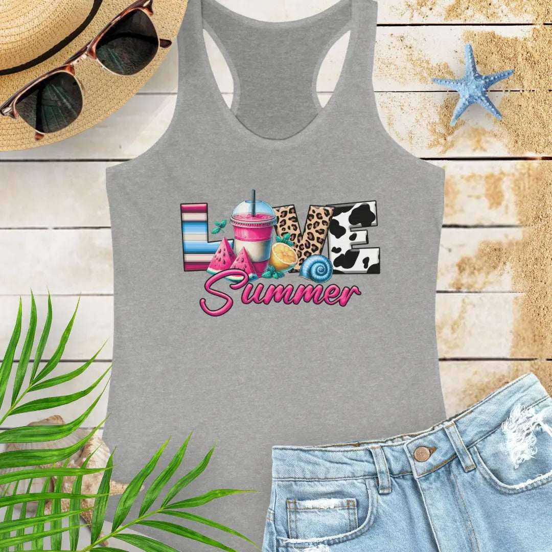 Heather-Grey racerback women's tank top with 'Love Summer' design.