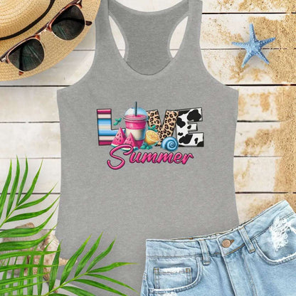 Heather-Grey racerback women's tank top with 'Love Summer' design.