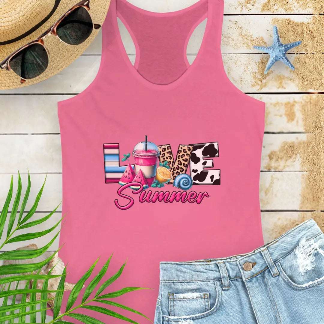 Hot-Pink racerback women's tank top with 'Love Summer' design.