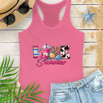 Hot-Pink racerback women's tank top with 'Love Summer' design.