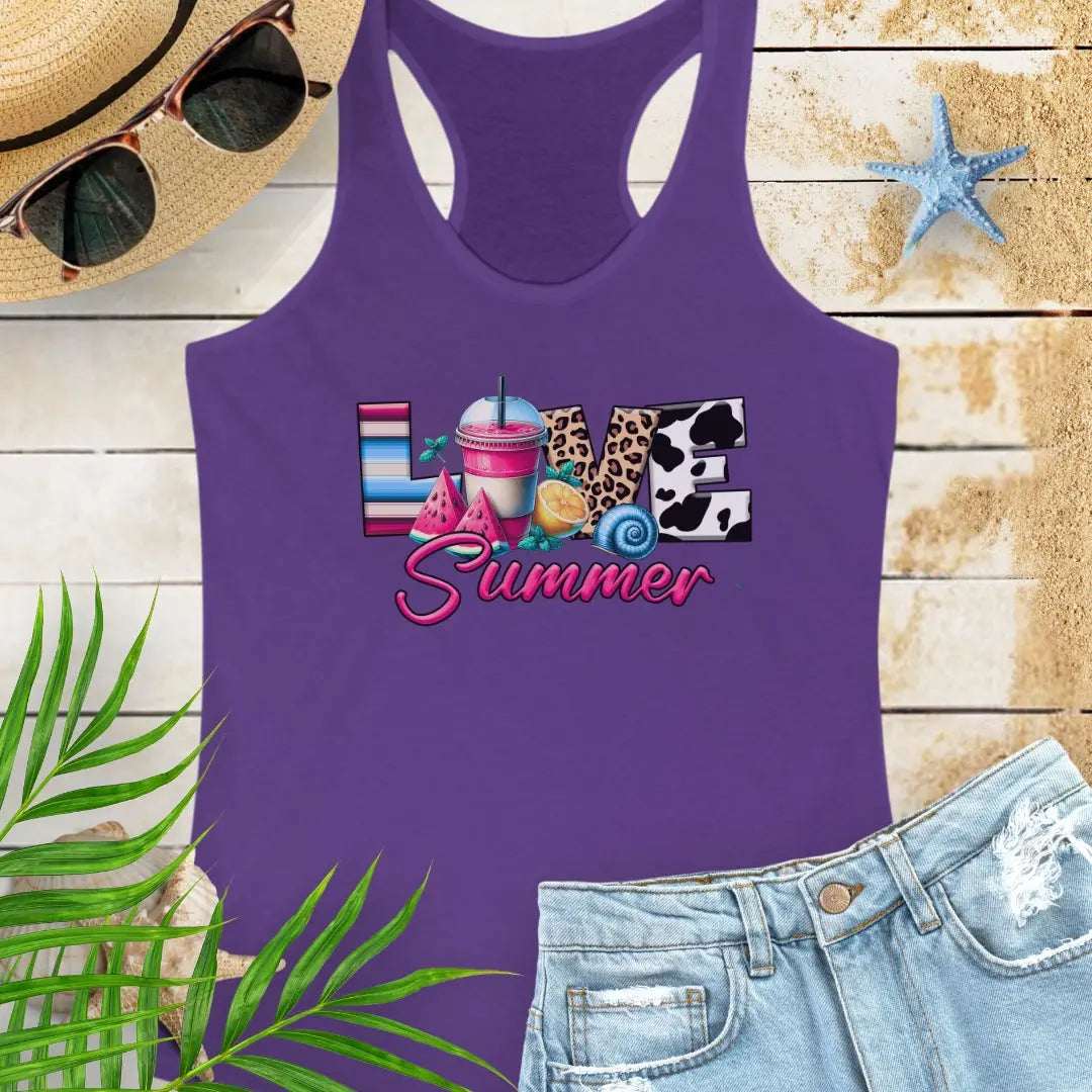 Solid-Purple-Rush racerback women's tank top with 'Love Summer' design