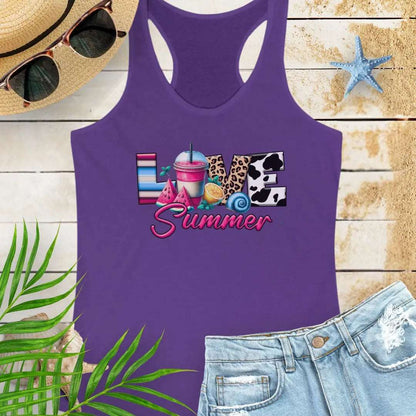 Solid-Purple-Rush racerback women's tank top with 'Love Summer' design