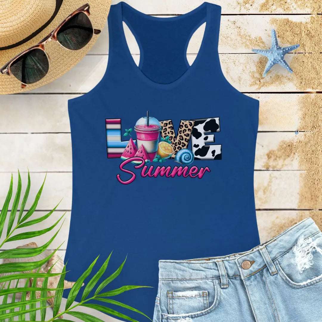 Solid-Royal racerback women's tank top with 'Love Summer' design