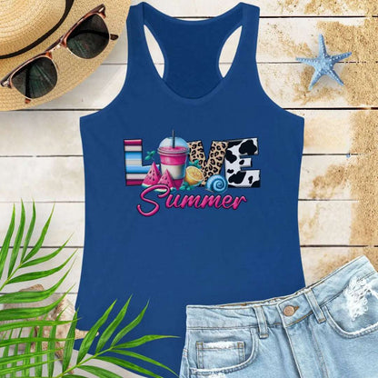 Solid-Royal racerback women's tank top with 'Love Summer' design