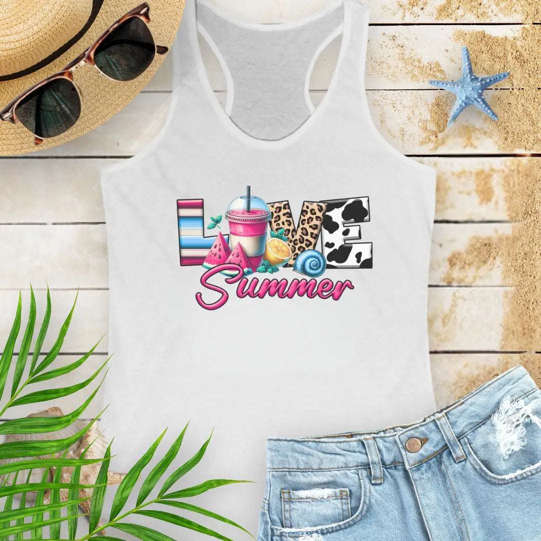White racerback women's tank top with 'Love Summer' design.