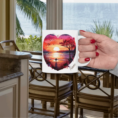 White 11 oz Mug watercolor heart scene of sunset beach with couple and other side with text I Love you to the Beach and Back that can be personalized.