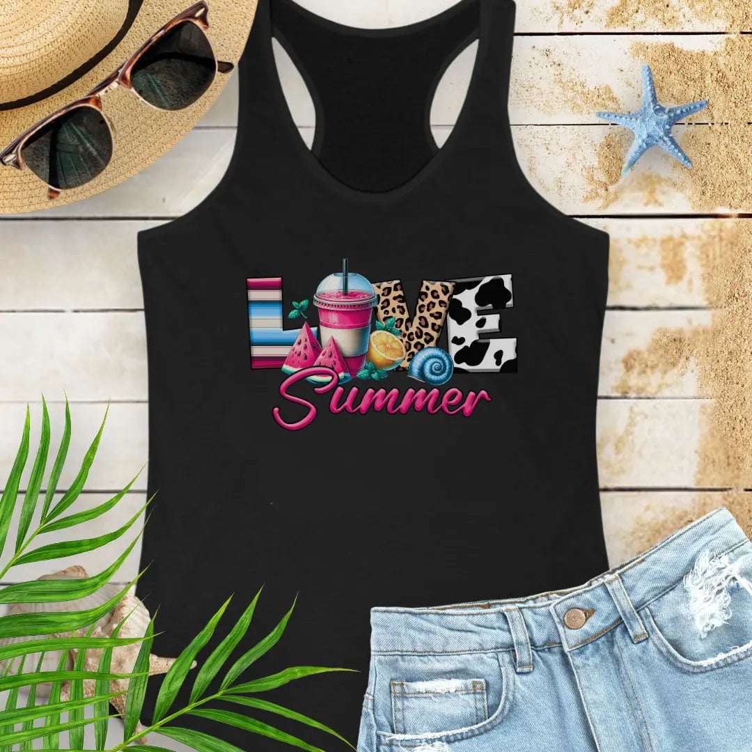 Black racerback women's tank top with 'Love Summer' design.
