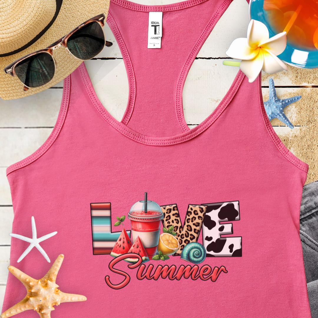 Hot Pink Tank Top with Love text in different beach patterns