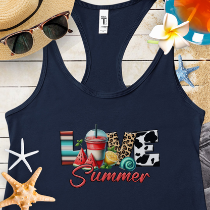 Midnight Blue Tank Top with Love text in different beach patterns