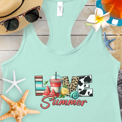 Mint Tank Top with Love text in different beach patterns