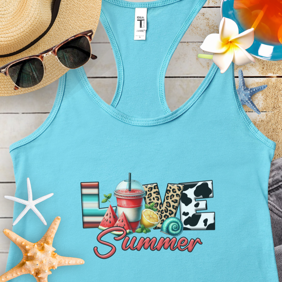 Tahiti Blue Tank Top with Love text in different beach patterns