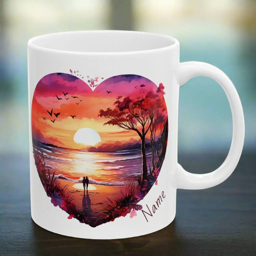 Front view White 11 oz Mug watercolor heart scene of sunset beach with couple and other side with text I Love you to the Beach and Back that can be personalized.