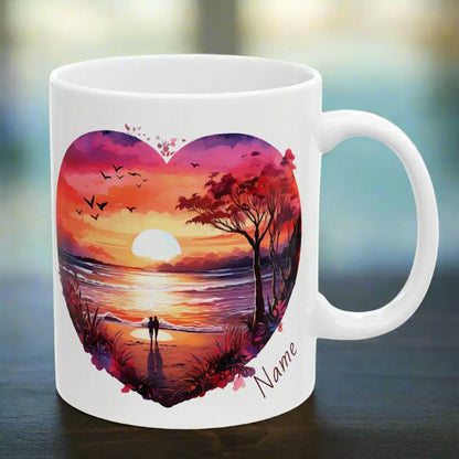 Front view White 11 oz Mug watercolor heart scene of sunset beach with couple and other side with text I Love you to the Beach and Back that can be personalized.