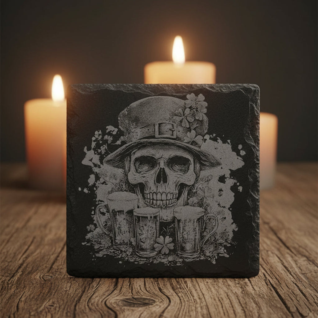 Slate coaster with skull and beer design in front of lit candles on a wooden surface