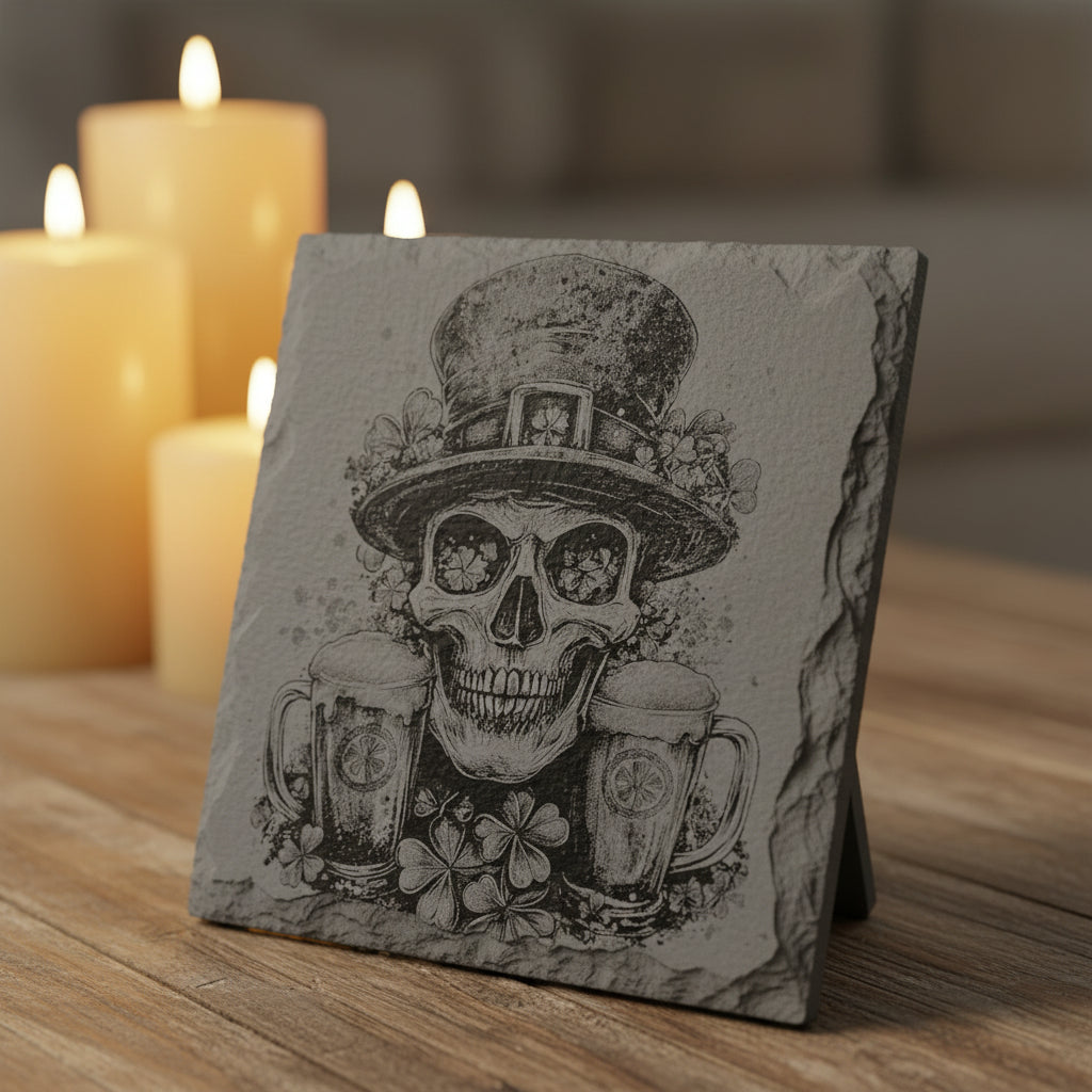 Decorative slate with skull and beer mug design on a wooden surface with candles in the background