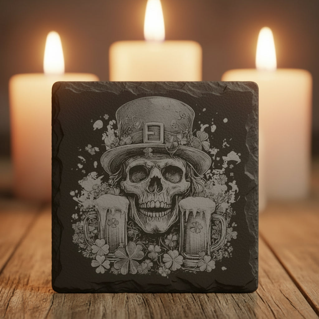 Decorative coasters with skull and beer design on a wooden surface with candles in the background