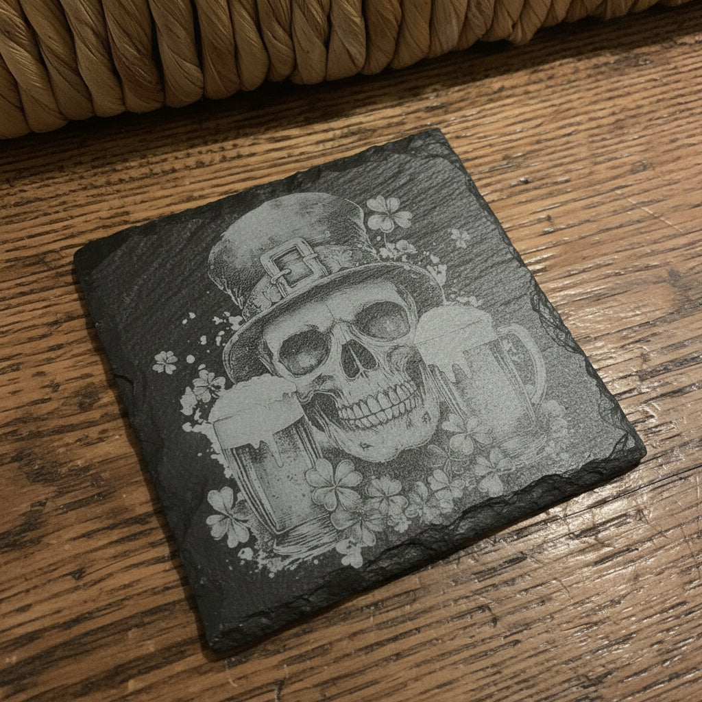Slate coaster with a skull design holding beer mugs and shamrocks on a woven basket background.