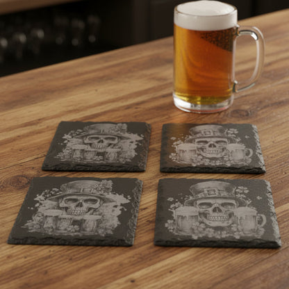 Set of 4 Black 4" slate coasters with Irish skulls with beer and shamrock designs.